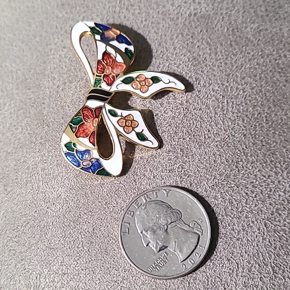 Vintage 1980's Gold Tone Cloisonne Bow Brooch Floral Enamel - Picture 8 of 11